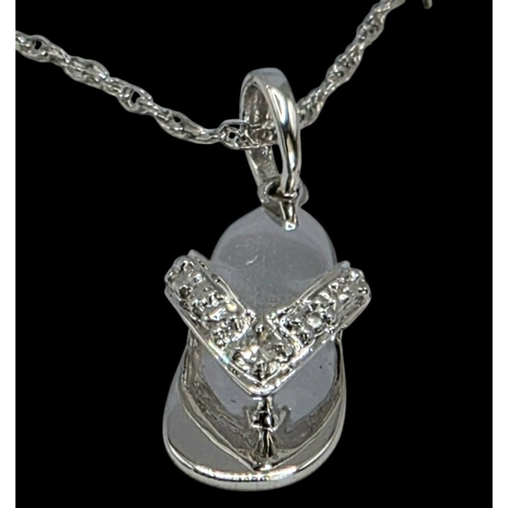New 10K White Gold Flip Flop Pendant Necklace Diamond Accent 18" Chain Sandal